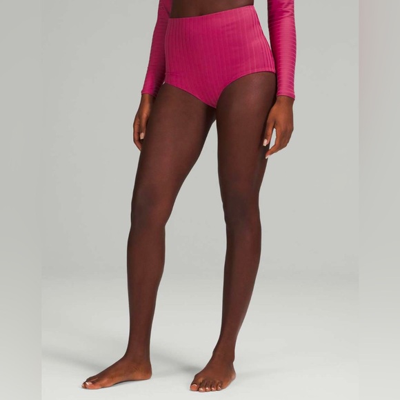 Lululemon Pink Ribbed Swim High Neck Long Line Top And High-waist Full Bottom, M - Picture 12 of 13